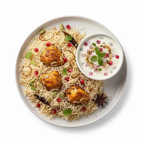 Awadhi murgh pulao with pomegranate and onion raita